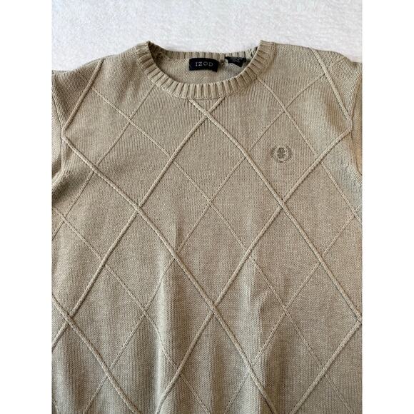 IZOD Cotton Sweater Men Medium Crew Neck Pintuck Diamond Knit Neutral Tone 90s - Picture 7 of 8